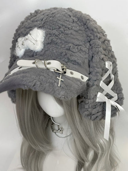 Grey Cross and Pins Buckle Bunny Ear Plush Hat