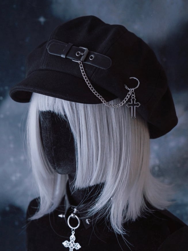 Handmade PU Buckle Black Gothic Beret with Cross Chain
