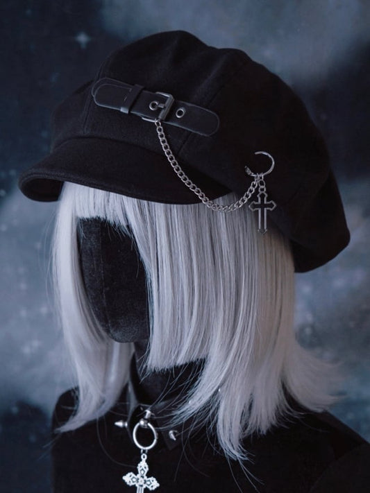 Handmade PU Buckle Black Gothic Beret with Cross Chain
