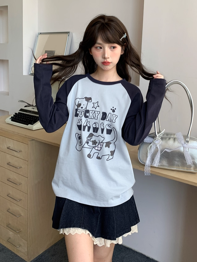 White/Blue Colorblock Design Adorable Puppy Print Loose Top