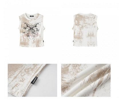Y2K White Butterfly Print Slim Fit Tank Top