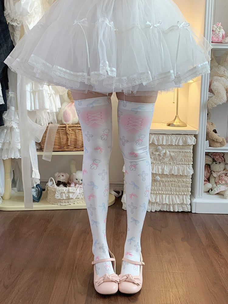 White Cross Bear and Bowknot Print Sweet Lolita Overknee Stockings