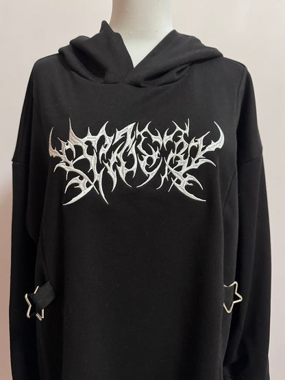 Black Jirai Kei Embroidery Decorated Buckle Details Hoodie