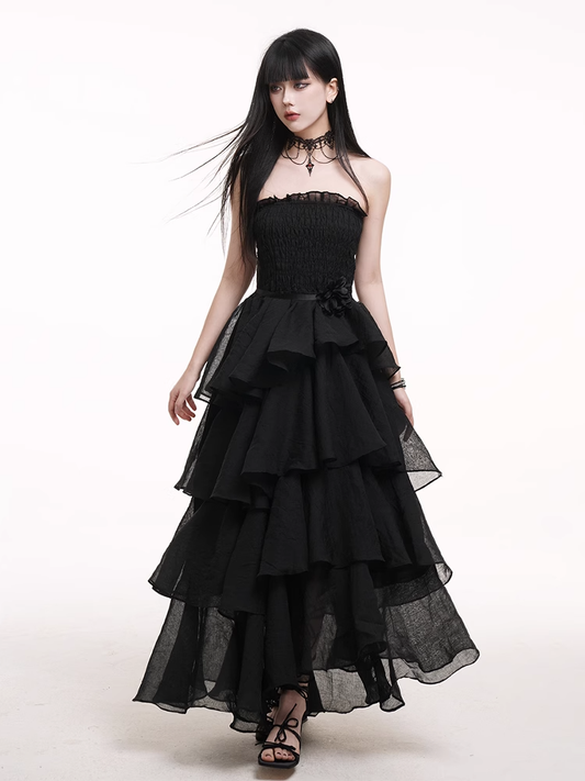 Black High Waist Mesh Tiered Skirt Prom Gown Dress