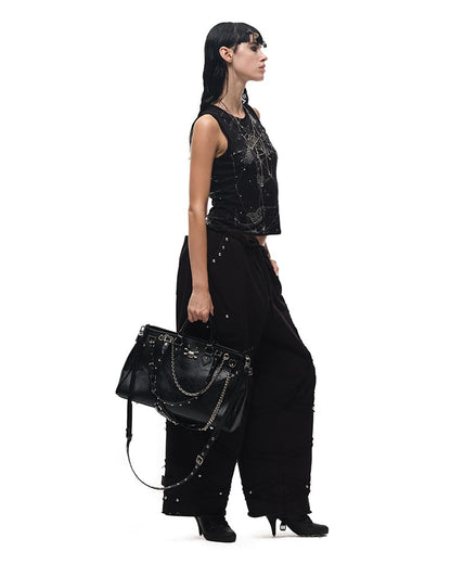 Black Stud Details Large Capacity PU Crossbody Tote Bag Multiple Shoulder Straps