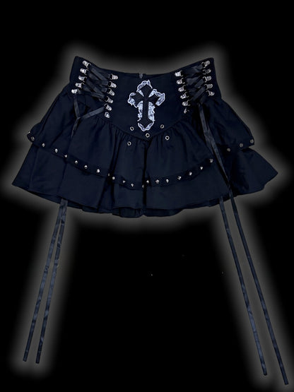 Gothic Punk Black Lace Cross Applique Stud Accents Lace-up Detail Skirt