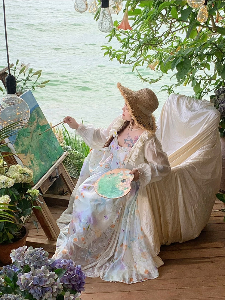 Plus Size Lace Patches Hem Oil Painting Print White Holiday Cami Dress