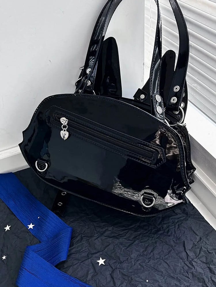 Punk Cat Polished Black PU Tote Ita Bag with Chain and Studs and a Free Card Holder