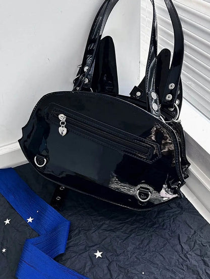 Punk Cat Polished Black PU Tote Ita Bag with Chain and Studs and a Free Card Holder