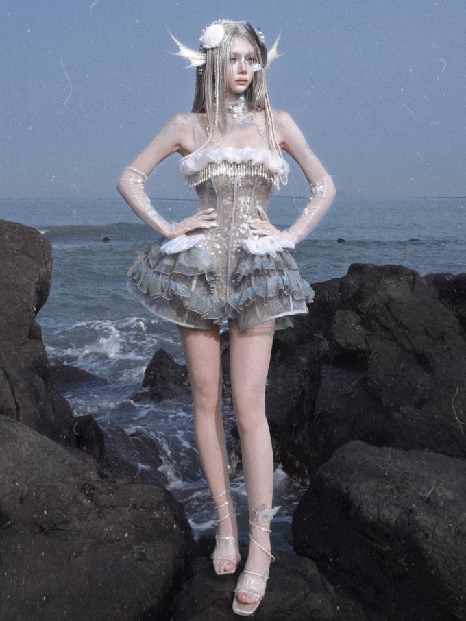 Birdcage Design Hem Shiny Sequins Boning Corset Dress + Jellyfish Overlay