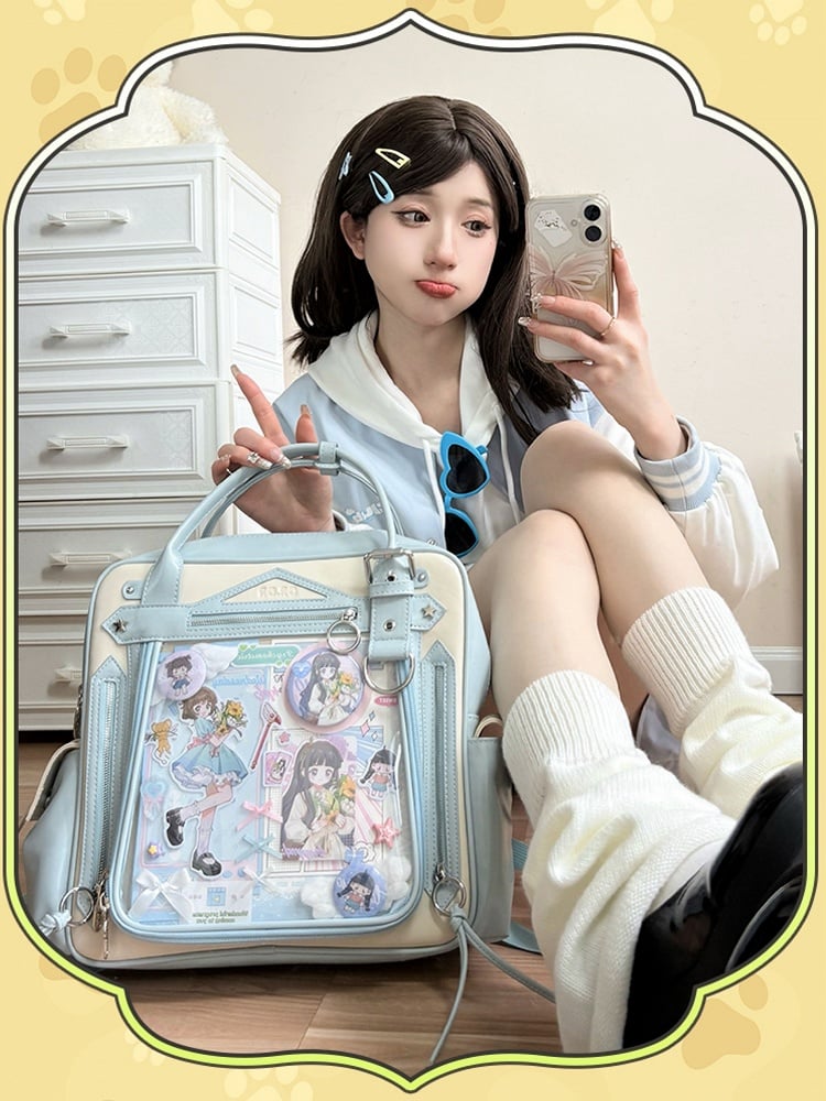 Blue Large Capacity Daily Ita Backpack With Cute Puppy Print