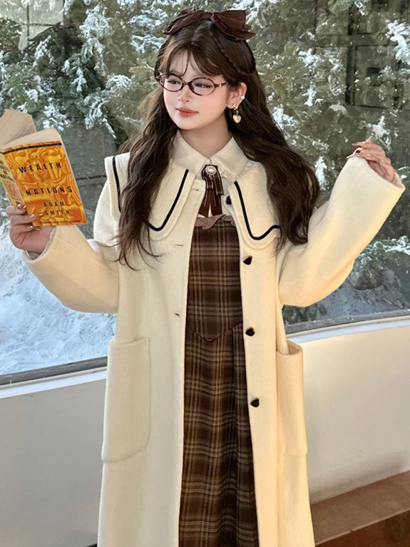 Plus Size Milk White Sailor Collar Heart Buttons Woolen Coat