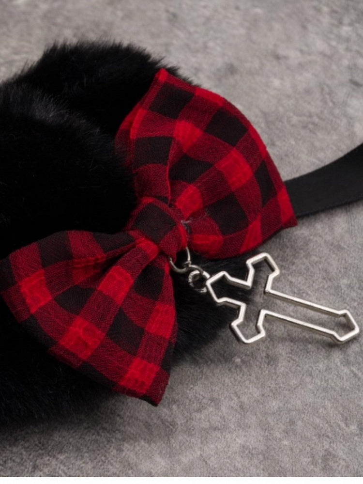 Black Cat Ear With Red Plaid Pattern Bowknot And Heart Buckle Details Hairband