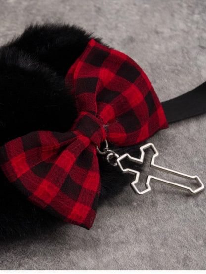 Black Cat Ear With Red Plaid Pattern Bowknot And Heart Buckle Details Hairband