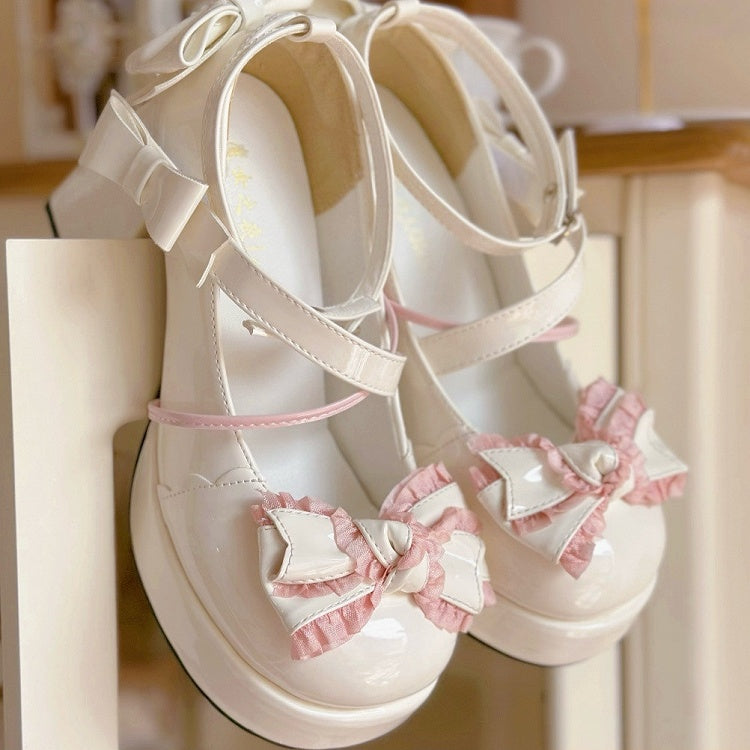 White and Pink Bow Accents Sweet High Block Heel Mary Janes Ankle Strap