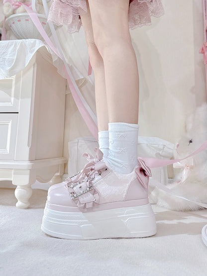 Pink Bow Accents Beaded Buckle Design Jirai Kei Platforms Shoes