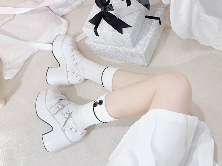 Polished White Bow at Top Rhinestone Buckles Platform Mary Jane Shoes