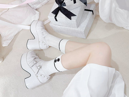 Polished White Bow at Top Rhinestone Buckles Platform Mary Jane Shoes