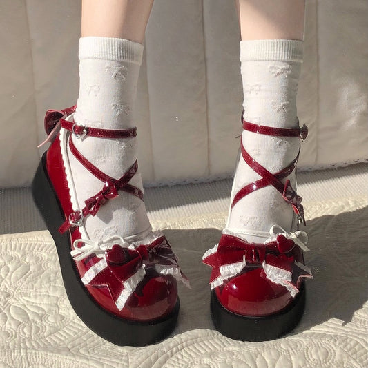 5CM Wine Red Bow at Top Crisscross Design Sweet Lolita Platforms