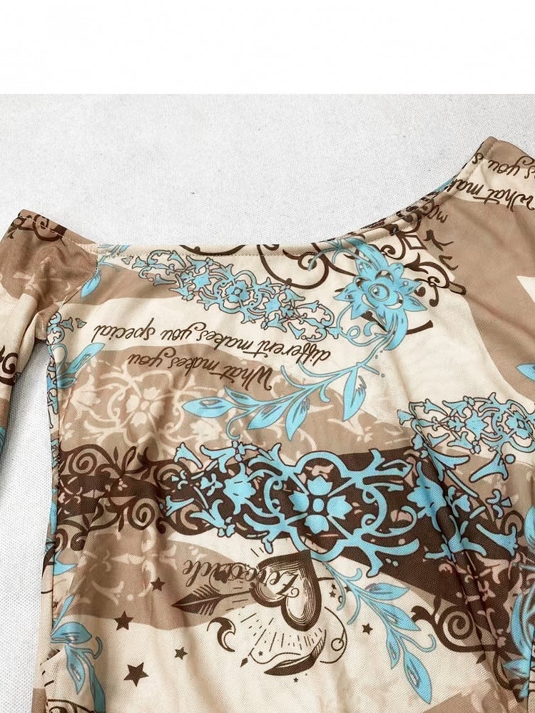 Khaki Asymmetrical Neckline Print Design Cascading Ruffle Accents Long Sleeves Top