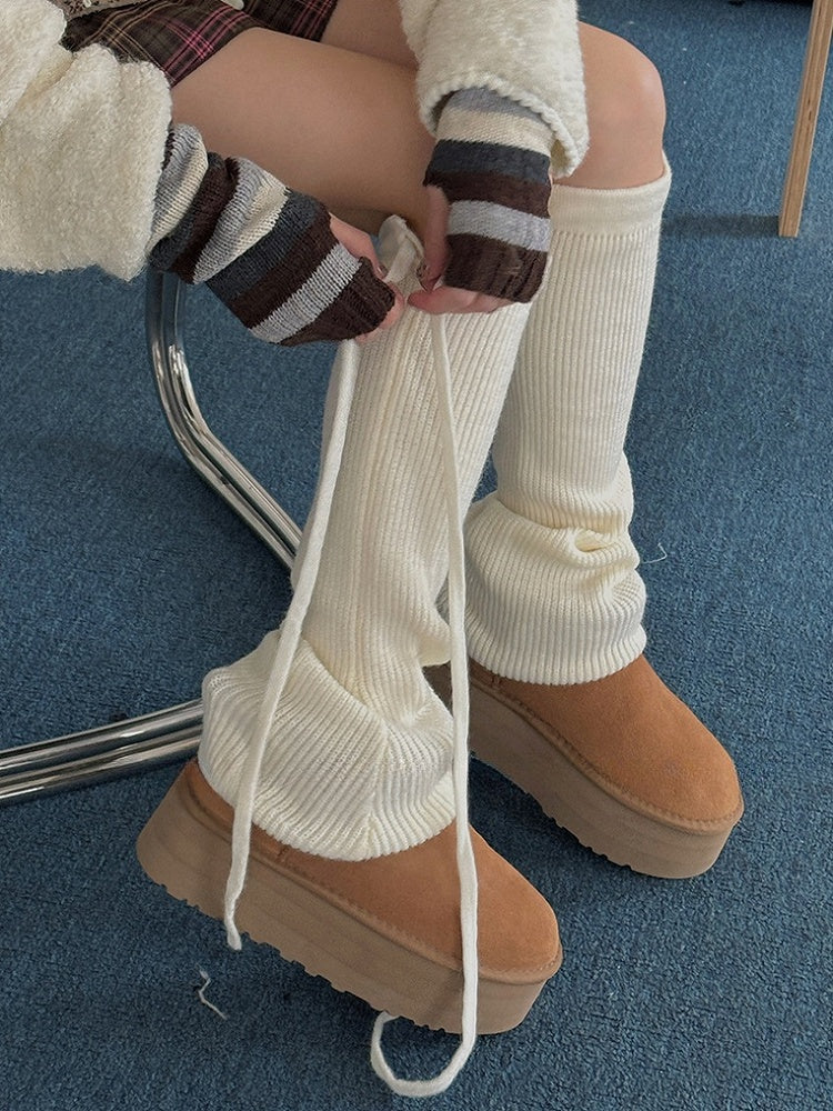 White/Light Grey/Black/Coffee/Khaki Self-tie Straps Knitted Leg Warmers