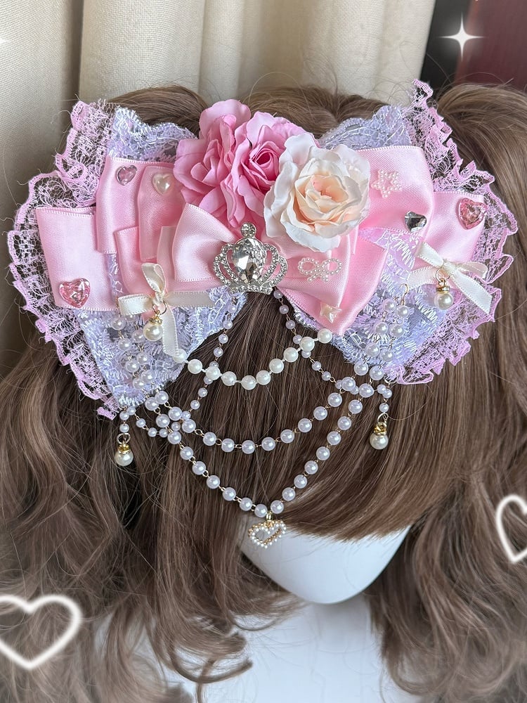 Pink Rhinestone Crown Decorated Beaded Charm Floral Design Bowknot Hairclip