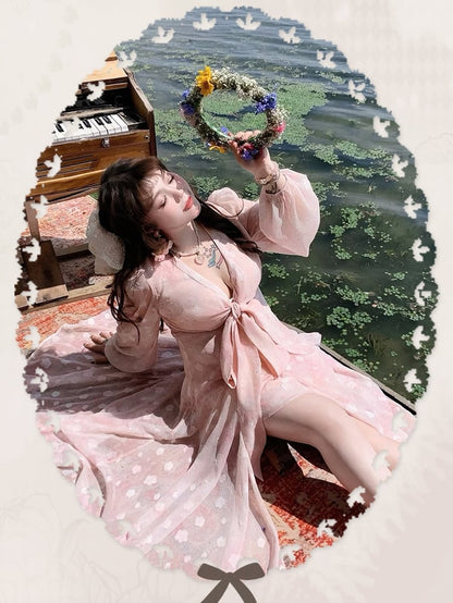 Plus Size Self-tie Bowknot Front Pink Peach Blossom Print Holiday Dress