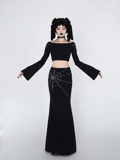 Gothic Black Spiderweb Embroidery Mermaid Skirt