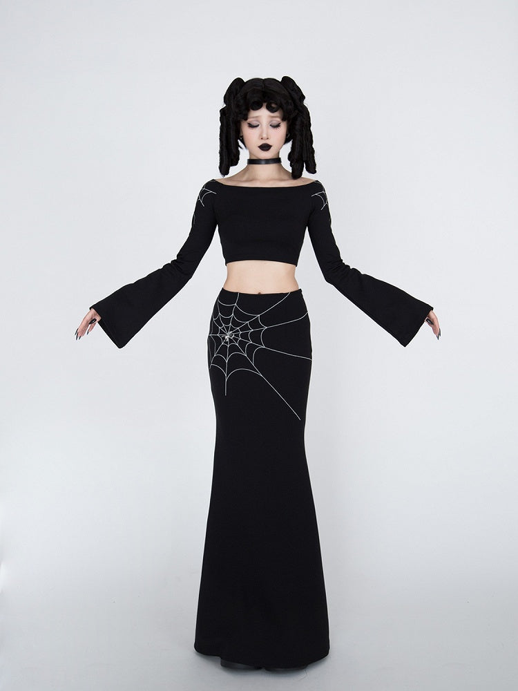 Gothic Black Spiderweb Embroidery Bell Sleeves Cropped Top