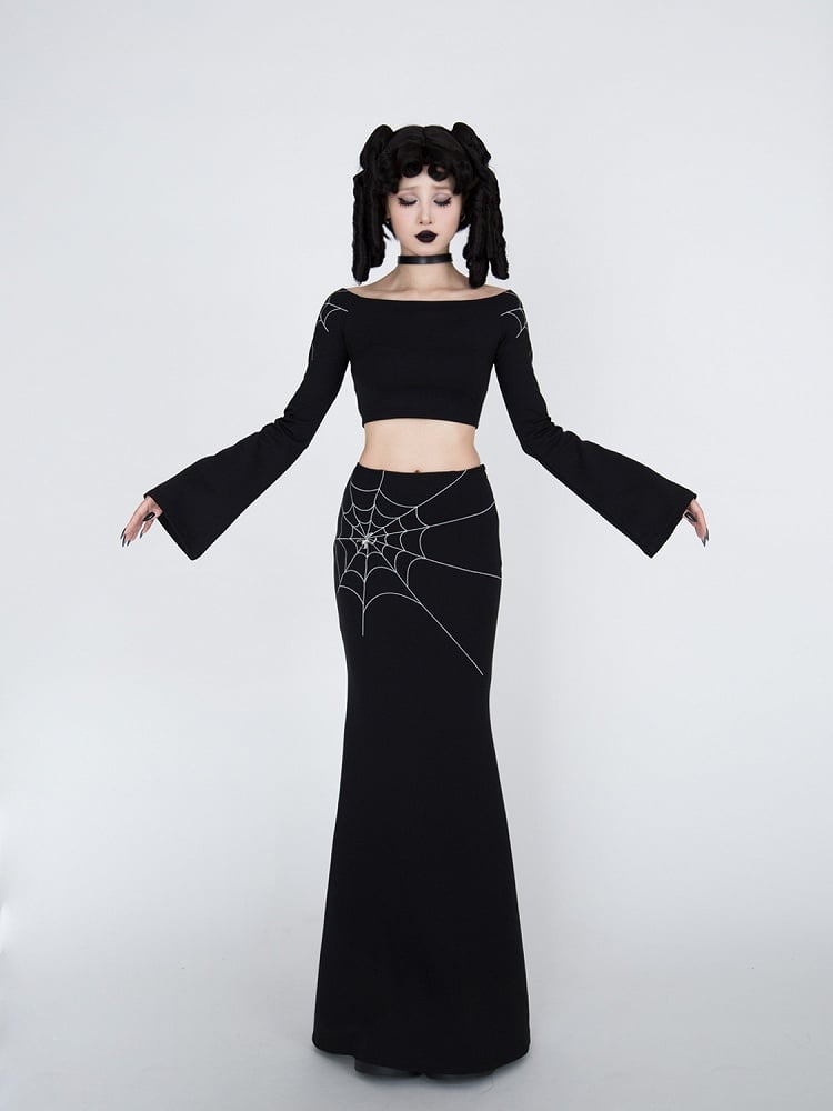 Gothic Black Spiderweb Embroidery Mermaid Skirt