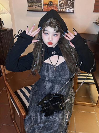 Plus Size Black Lace-up Detail Hooded Bolero