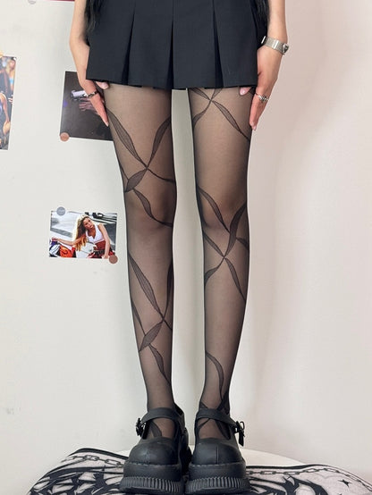 Black/Whiye/Brown/Gray Ribbon Print Tights