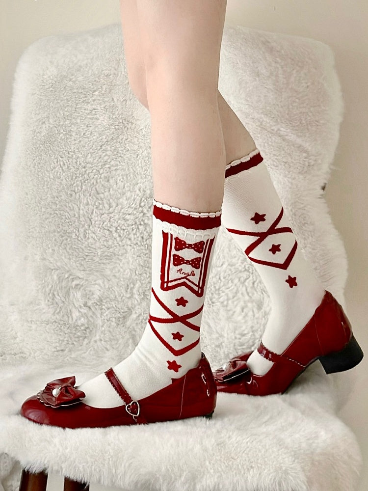 Blue/Red Star and Bowknot Print Crisscorss Banded Lolita Calf Socks