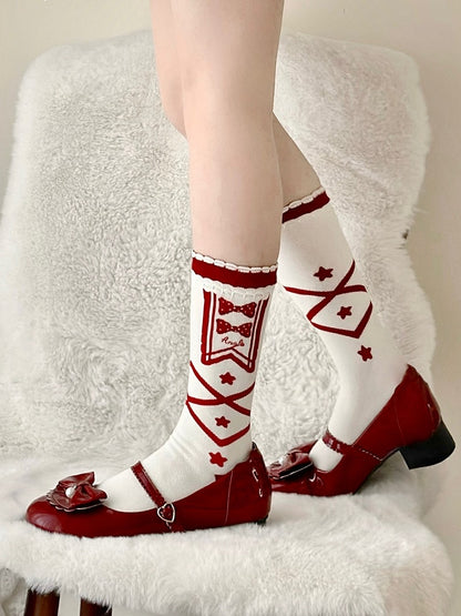 Blue/Red Star and Bowknot Print Crisscorss Banded Lolita Calf Socks