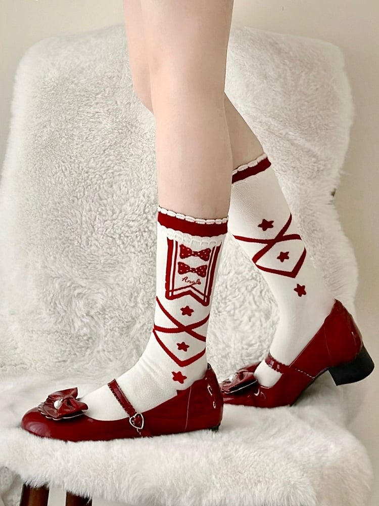 Blue/Red Star and Bowknot Print Crisscorss Banded Lolita Calf Socks