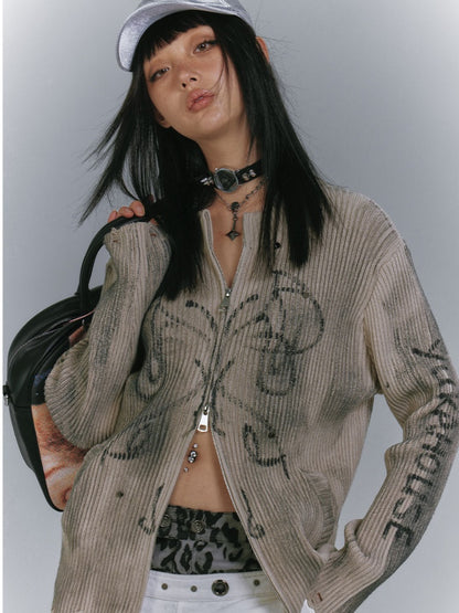 Wasteland Punk Khaki Two-Way Zip Placket Distressed Knitted Sweater