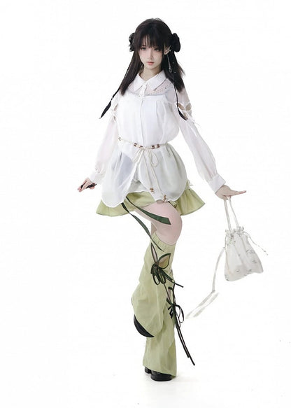 Green Cheongsam Style Elastic Waist Tiered Skirt with Waist Belt