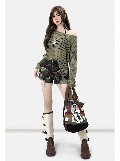 Army Green Y2K Camo Pattern Denim Shorts