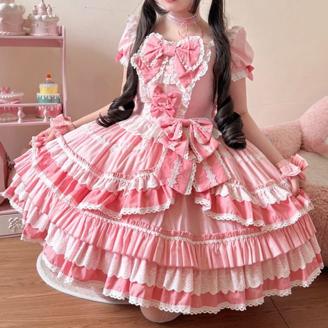 Pink Sweet Bow Accents Short Sleeves Dress Lolita One Piece