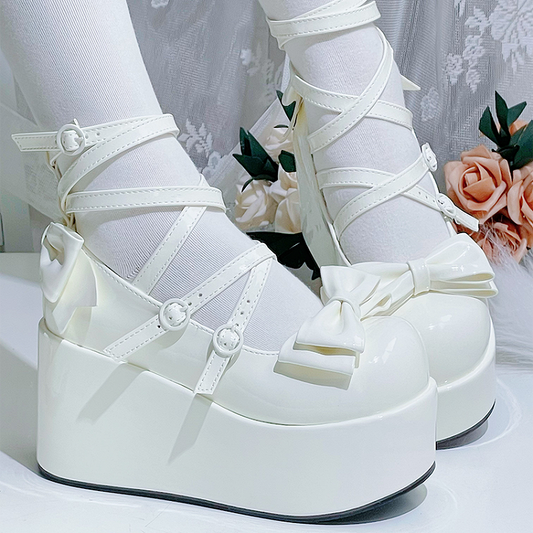 White Bowknot Buckle Straps Round Toe Platform Lolita Shoes