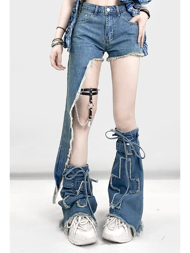 Blue Denim Cross Applique Self-tie Strap Decorated Leg Warmers
