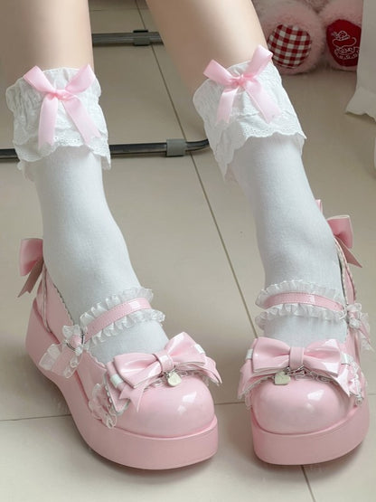 White Lolita Calf Socks With Pink/White/Red/Black Bowknots