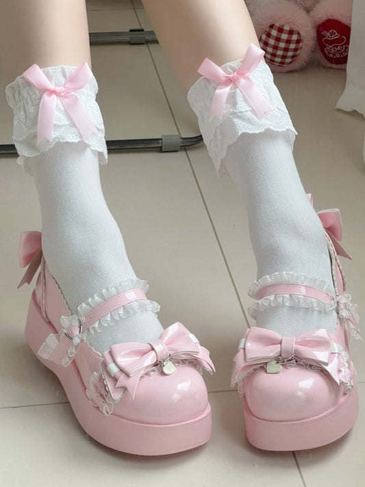 White Lolita Calf Socks With Pink/White/Red/Black Bowknots