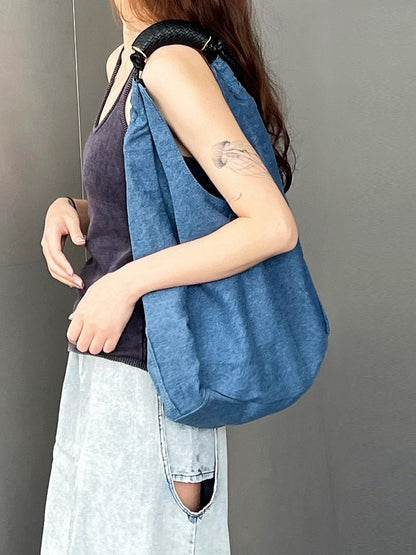 Blue Denim Large Capacity Tote Shoulder Bag With Adjustable Braided Strap