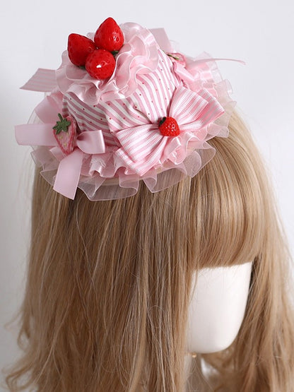 Pink Sweet Lolita Strawberry Decorated Striped Pattern Bowknot Details Mini Hat