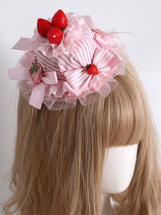 Pink Sweet Lolita Strawberry Decorated Striped Pattern Bowknot Details Mini Hat