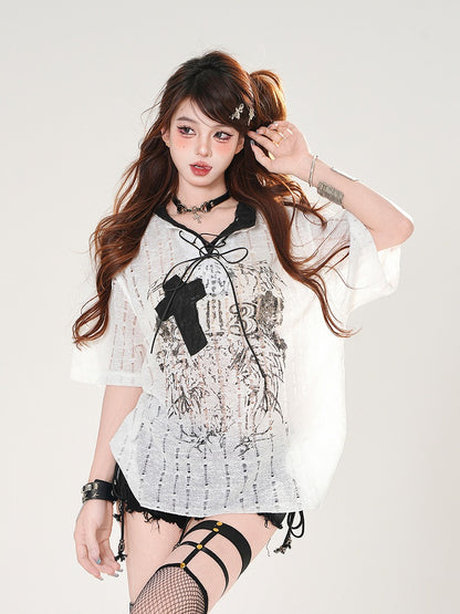 White/Black Lace-up Neckline Cross Applique Distressed Holes Graphic T-shirt
