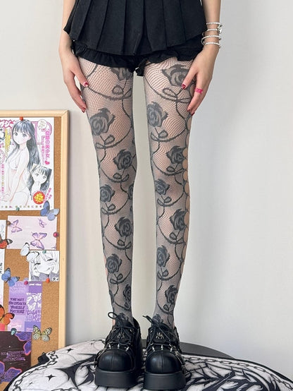 Black&Gray/Purple&Green Y2K Floral Pattern Cut-out Design Tights