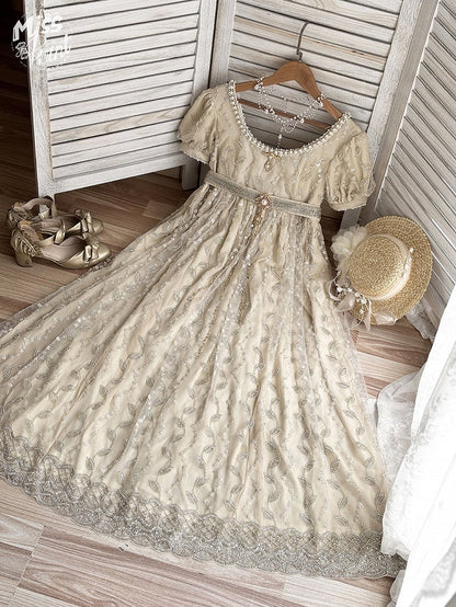 Allover Beaded Leaves Design Beige Empire Waist Elegant Lolita One Piece Long/Short Version