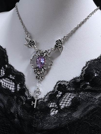 Purple Rhinestone and Key Pendant Gothic Silver Rosettes Necklace